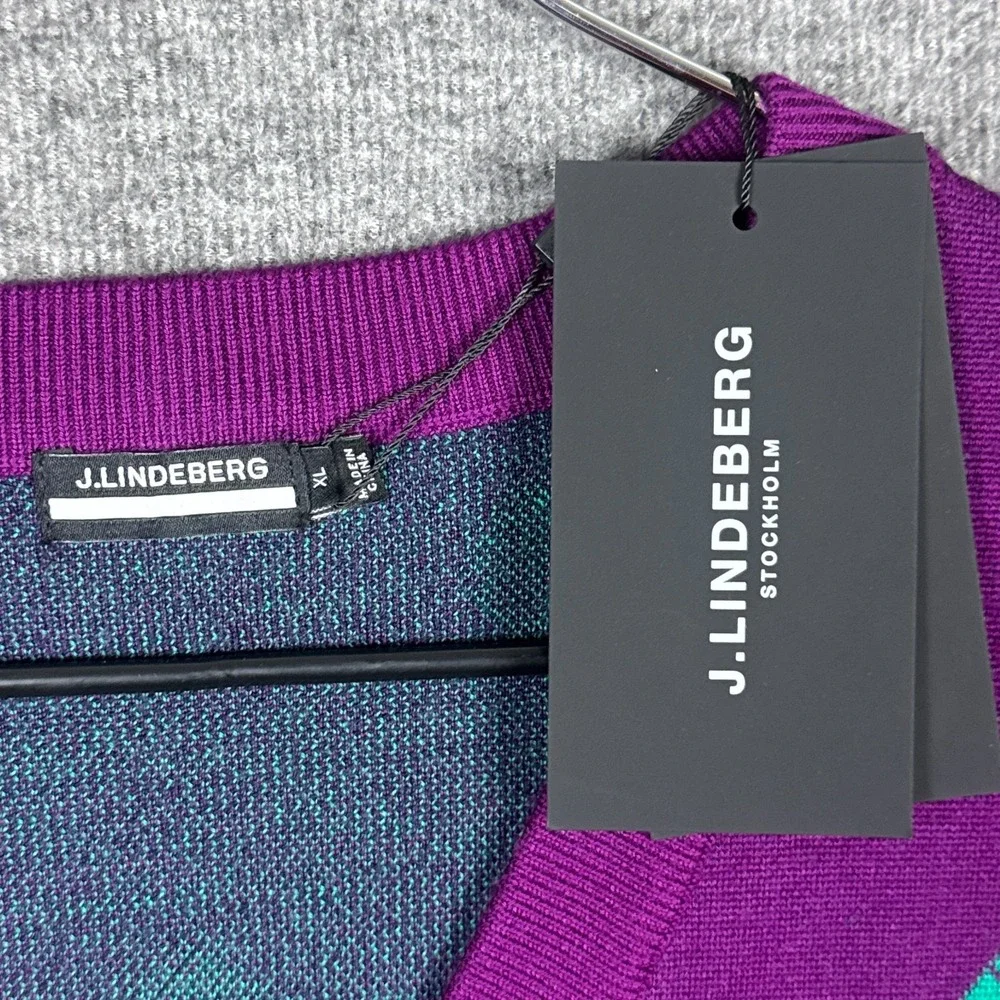 NEW J Lindeberg Argyle Sweater Vest Mens XL Purple 100% Merino Wool Gloxinia NWT